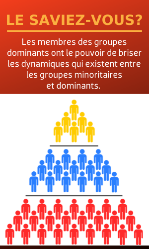 Le saviez-vous? Les membres des groupes dominants ont le pouvoir de briser les dynamiques qui existent entre les groupes minoritaires et dominants. 
